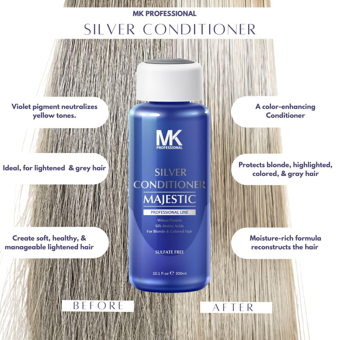 MK PROFESSIONAL Sulphate Free Silver Conditioner, Infused with Wheat Protein & Silk Amino Acids - For Blonde & Colored Hair, Repairs, Strengthens & Nourishes all Hair Types - 10.1 Fl Oz (300ml)