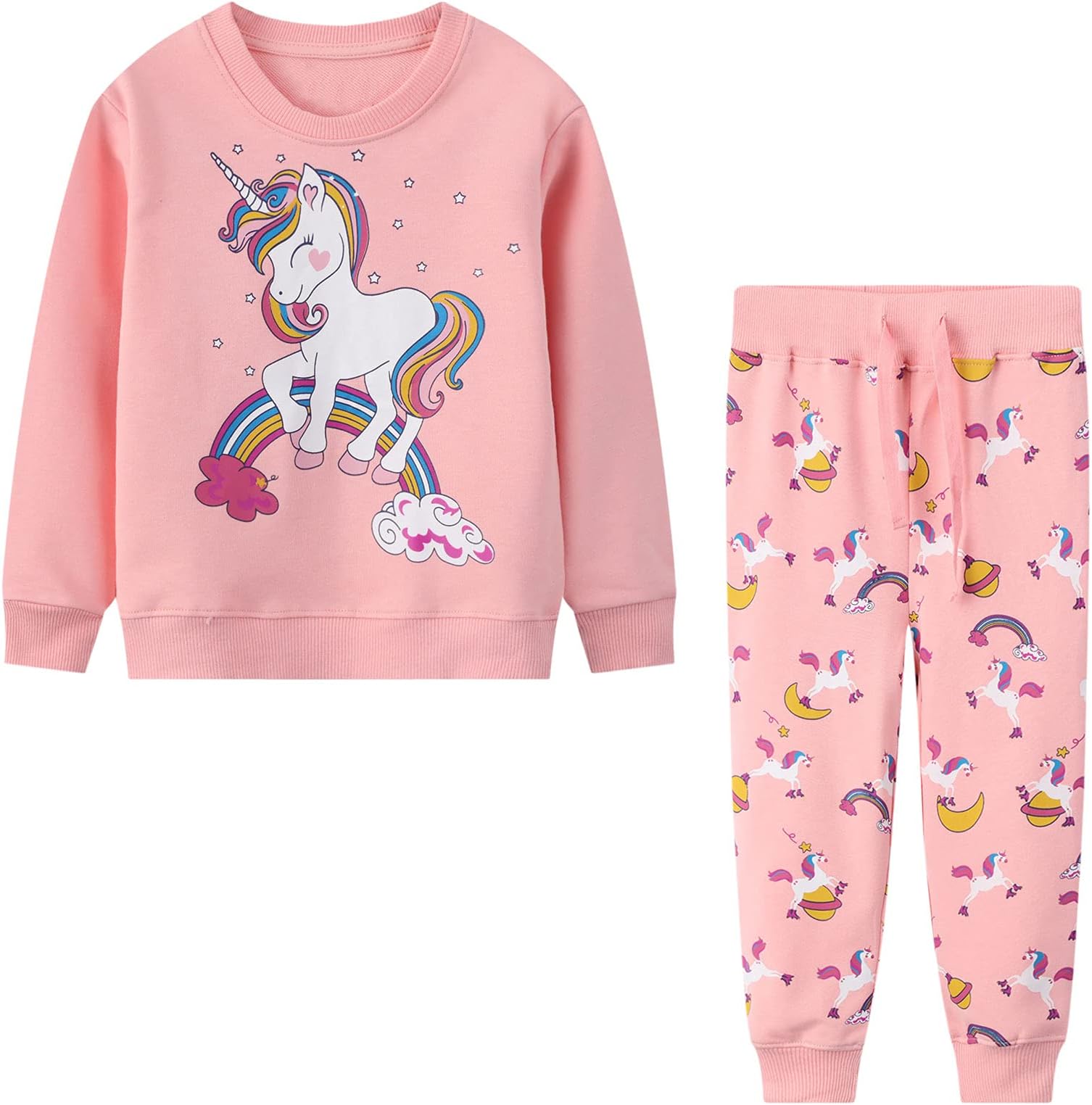 BaogaierKids Tracksuit Girls Sweat Suit Set Horse Rainbow Cotton Long Sleeves Sweatshirt Pullover Jumper Top Trousers Drawstring Pants Jogger Bottoms Casual Outfit Sport Wear Pink Age 4-5 years