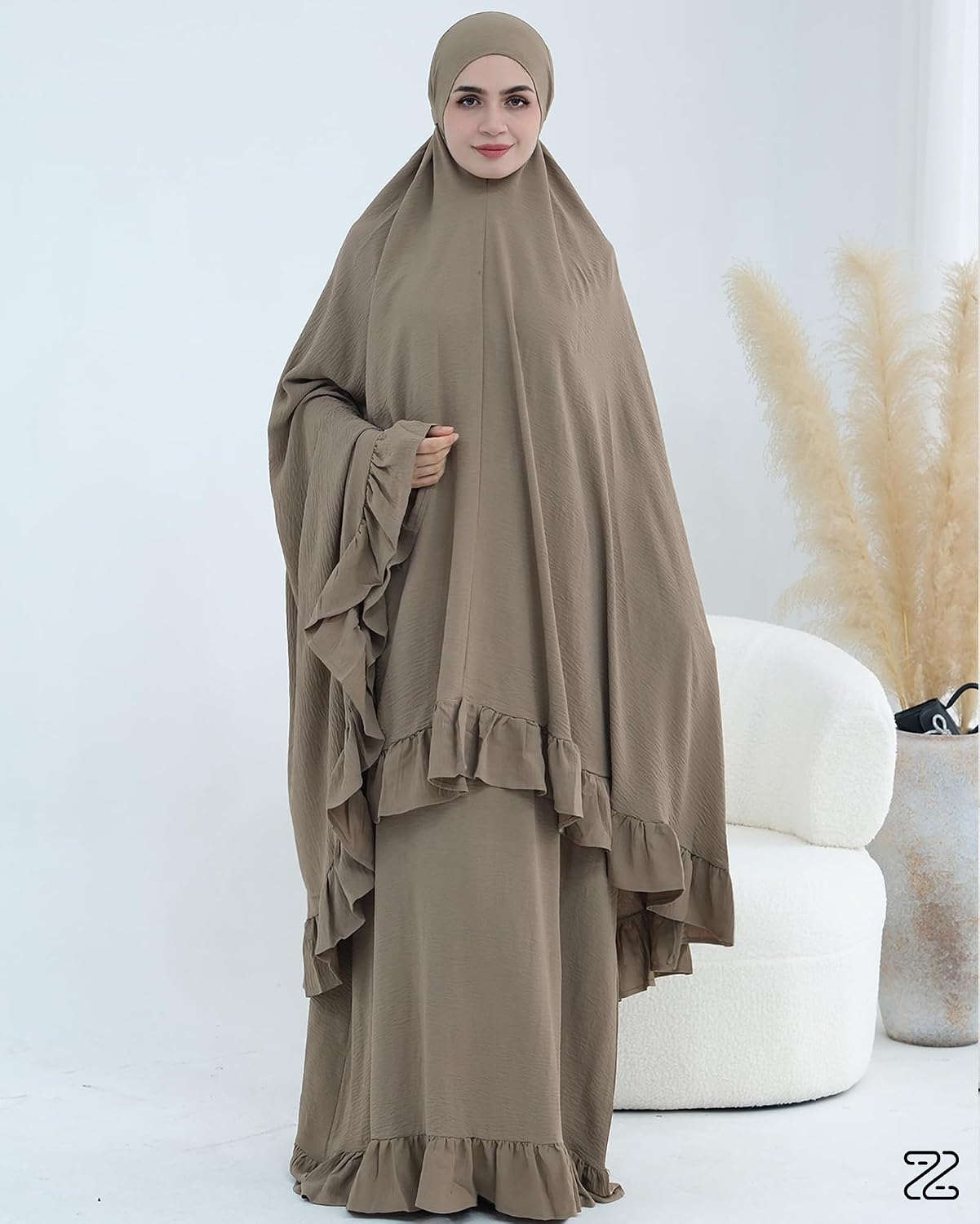 Abaya 2pcs Muslim Prayer Dress Sets with Islamic Hijab Scarf Two-Piece Full Length Dress Plus Size for Ramadan