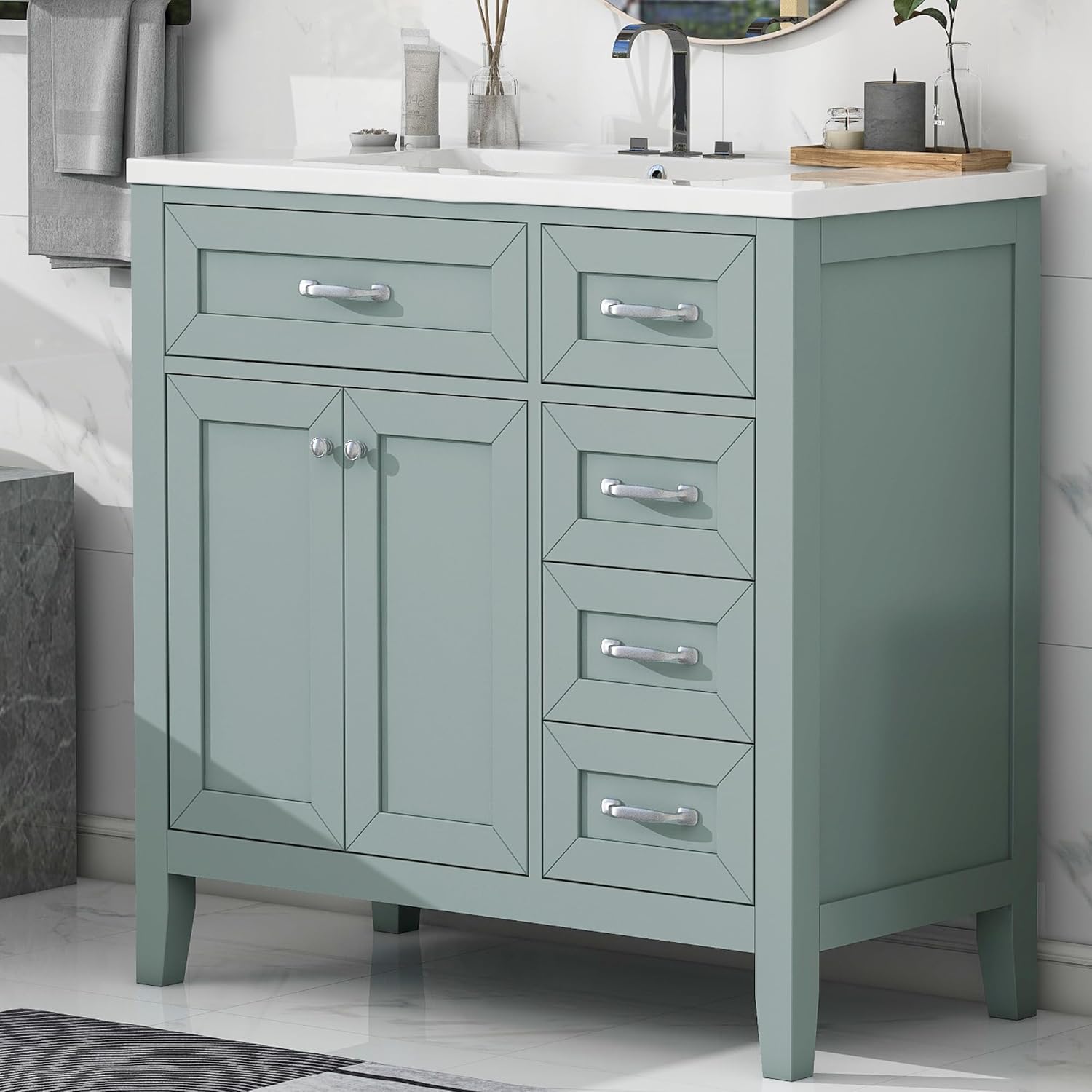 Bellemave 36 Inch Vanity with Basin Sink, Single Bathroom Vanity Set, Vanity Cabinet and Basin Sink Combo with 2 Doors and 3 Drawers for Bathroom No Mirror (Green)