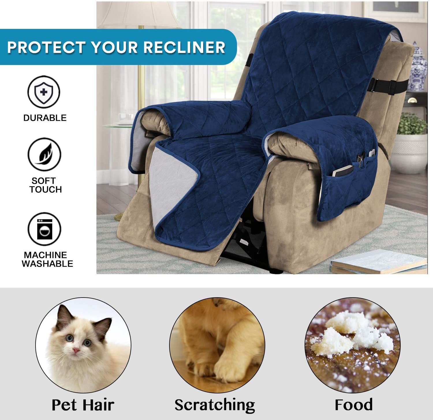 Funda para Silla Relax Reversible Funda para Silla Reclinable De Terciopelo Funda para Sofá Reclinable con Respaldo Antideslizante Y Correa Elástica Más Ancha (Armada,1 Plazas 71 cm)