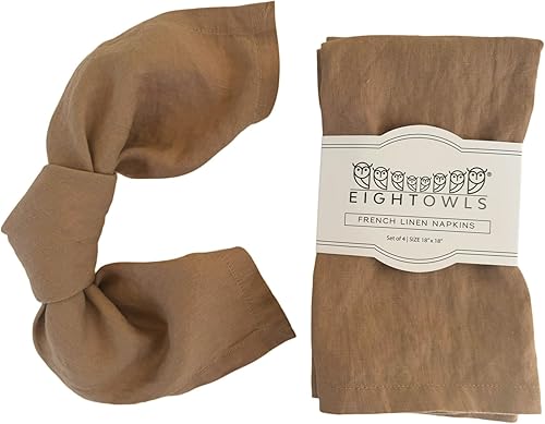 Servilletas de lino 100% lino francés, servilletas de tela de lino puro lavado a la piedra, tamaño 18 x 18 pulgadas, juego de 4 (caramelo)