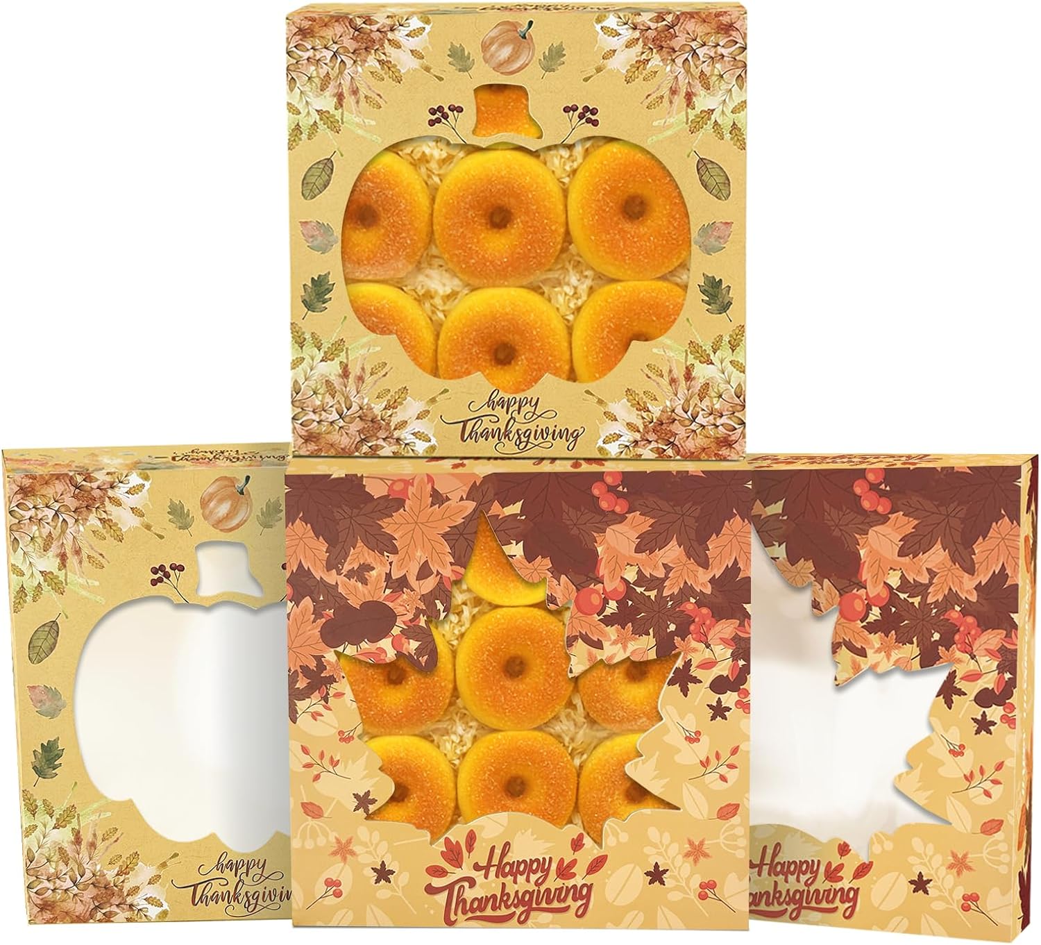 qiqee Thanksgiving Auto-pop Up 30pcs Pie Box With Window 9x9x2.5 Inch Donut Pastry Boxes Pumkin Leaves Bakery Box