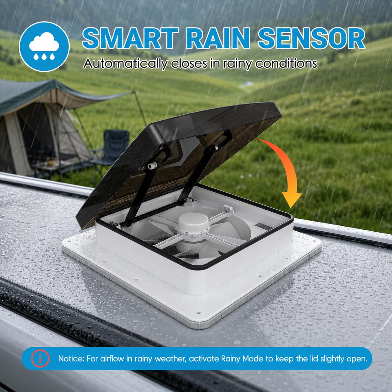 Ventilador de techo para caravanas, homologado 43R Claraboya, Nivel de ruido ultra bajo de escape reversible con sensor de lluvia, ventilador permanente de nivel automático para autocaravana