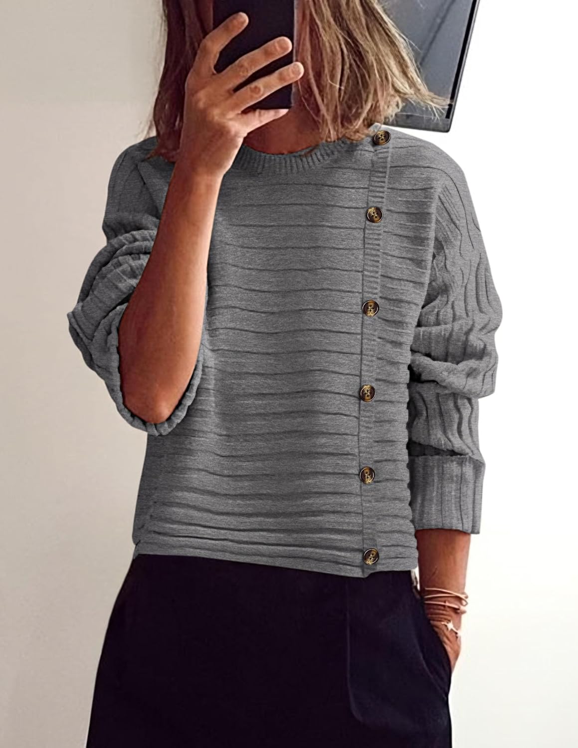 PRETTYGARDEN Womens Sweaters Fall 2026 Casual Long Sleeve Crewneck Button Loose Winter Knit Pullover Sweater Tops - Image 2