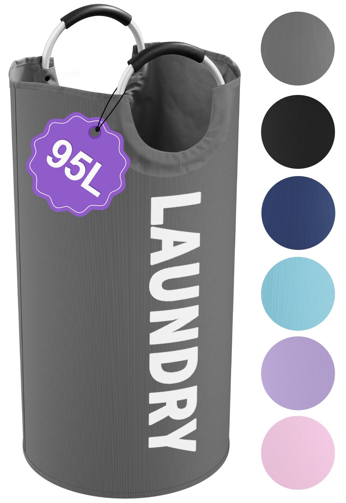 95L Collapsible Laundry Basket, Clothes Hamper with Handle, Dark Grey | IHOMAGIC Freestanding Dirty Clothes Hamper, Portable Storage Basket for Clothes, Laundry Bag for Family, Travel, Camping