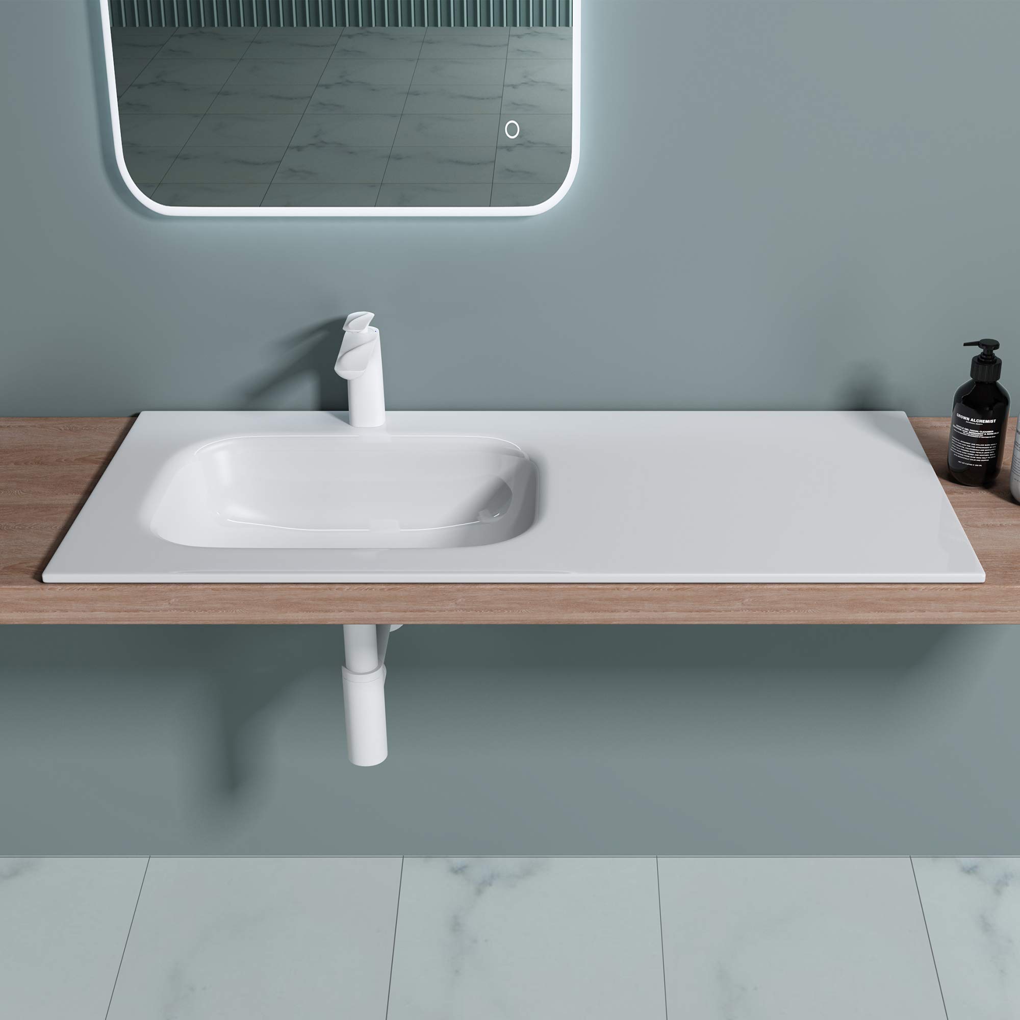 doporro Lavabo empotrado/encastrado de diseño Colossum04 de 100 cm con gran espacio de almacenamiento de mármol mineral fundido | Blanco para cuarto de baño, Colossum04