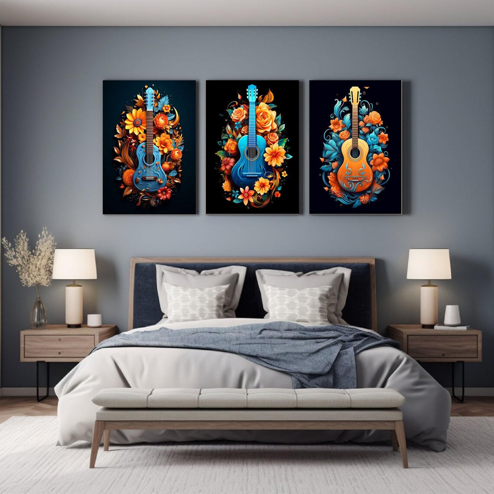 veces Astratto Quadri Soggiorno, Girasoli bohémien e chitarra Stampa su tela Pittura Quadri Moderni Poster da parete Camera da letto Casa Ufficio Decorazioni - 60x80cmx3 Non incorniciato