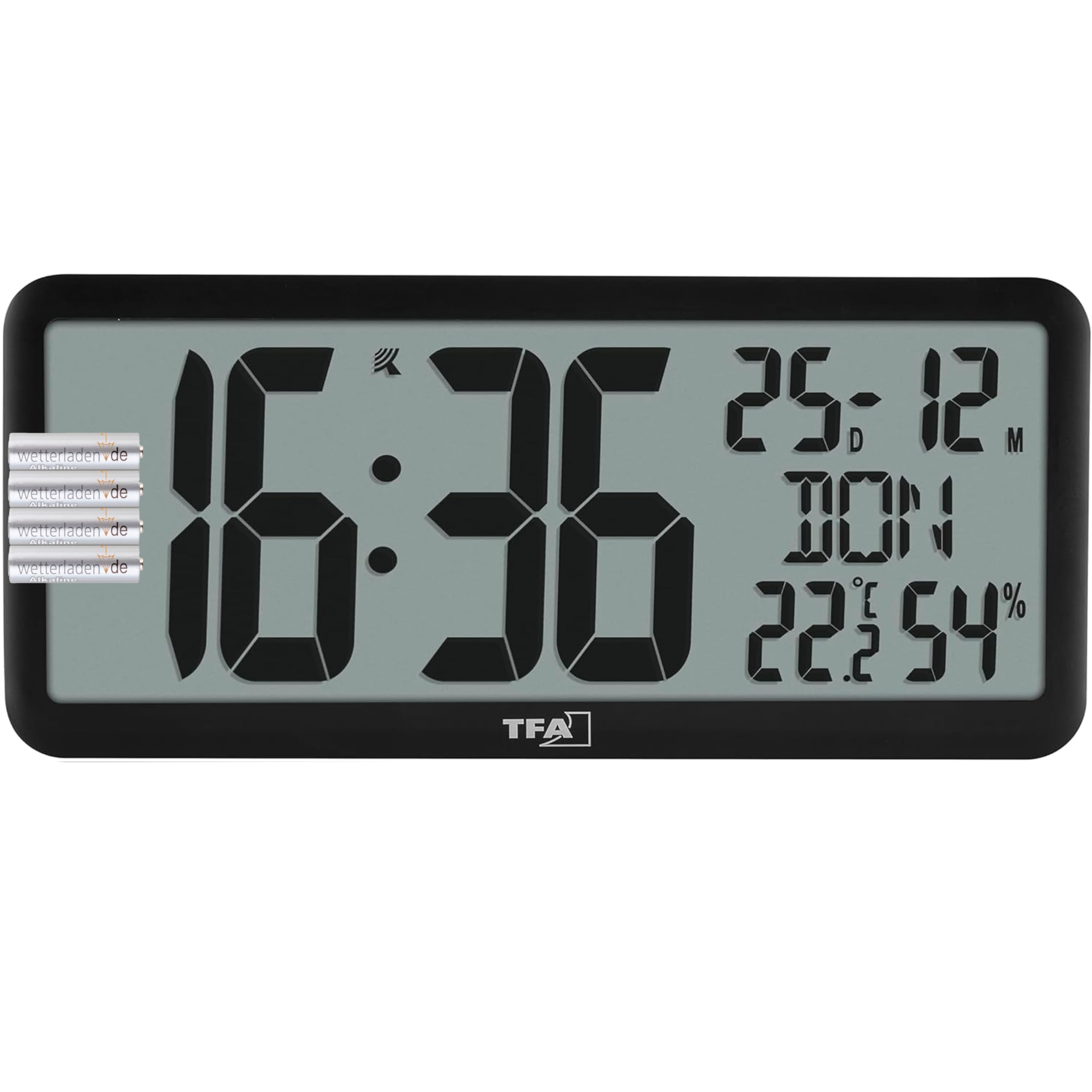 TFA Dostmann Reloj de pared digital con números XXL, 60.4525, reloj con temperatura y humedad en el interior, con calendario, perfecto para oficina, personas mayores, cocina, radio reloj, con función