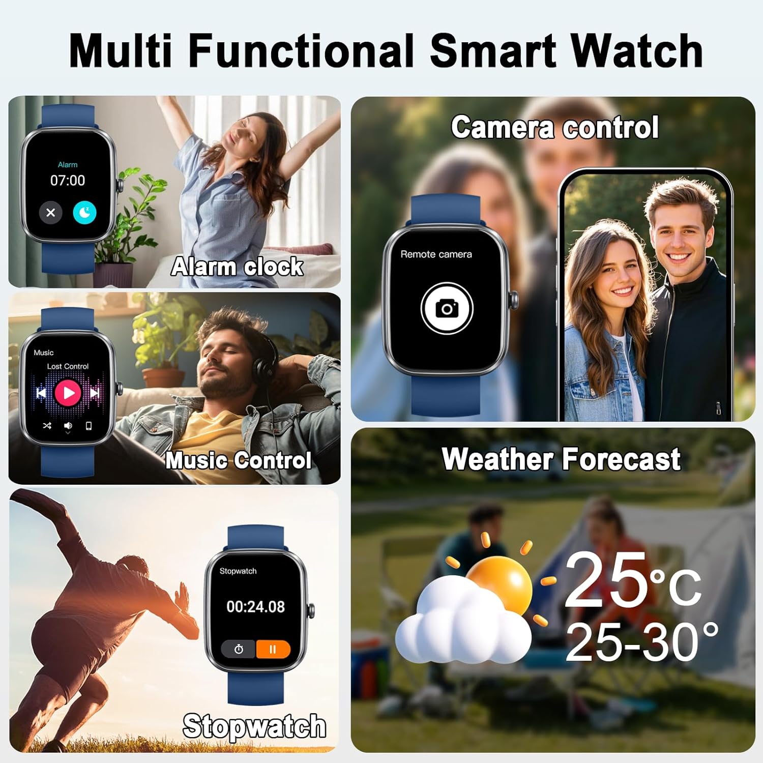 Smartwatch screens showing alarm clock, music control, remote camera control, weather forecast, and stopwatch functions