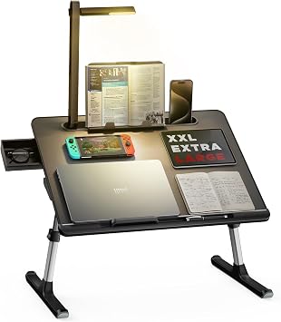 Laptop Bed Tray Desk with LED Desk Light, SAIJI Adjustable Laptop Stand for Bed, XX-Large PVC Leather Foldable Table with Book Stand,Wrist Rest, Extra Leg RoomBlack