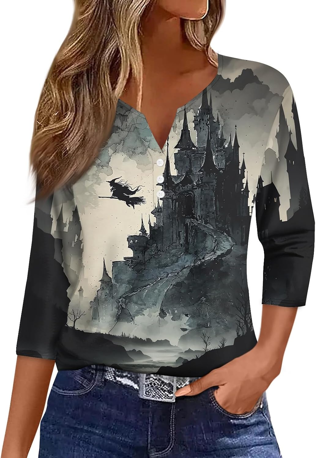 Women Halloween 3/4 Sleeve Tops Button V Neck Witch Graphic Shirts | Fall Cute Tops for Women, Graphic T Shirt, Loose Fit Blouse, Halloween Clothes