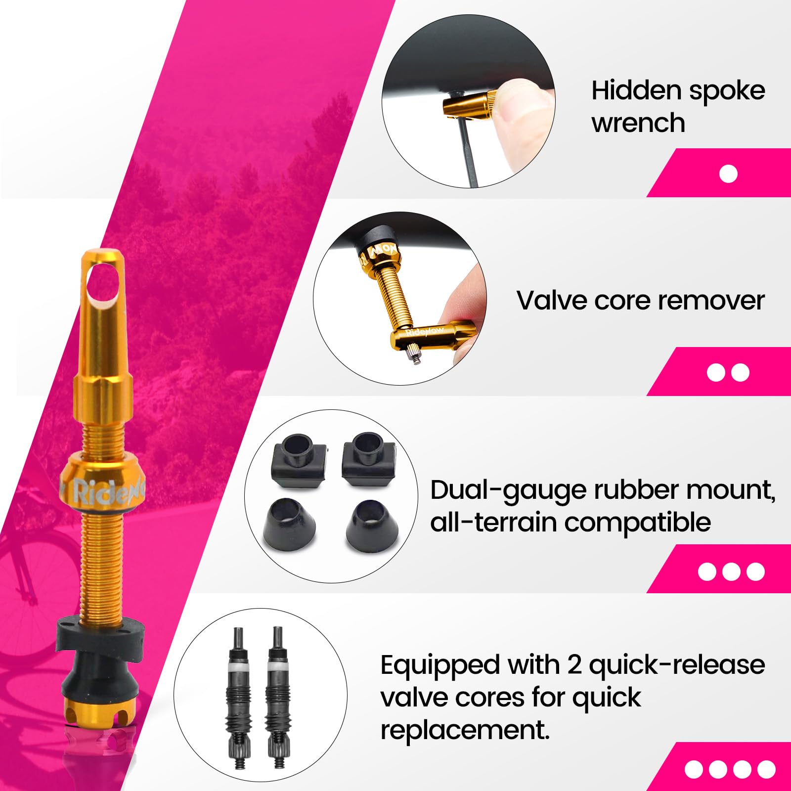 RideNow 45 mm Tubeless Presta Steli Valvola 7075 Alluminio, Oro, Coppia