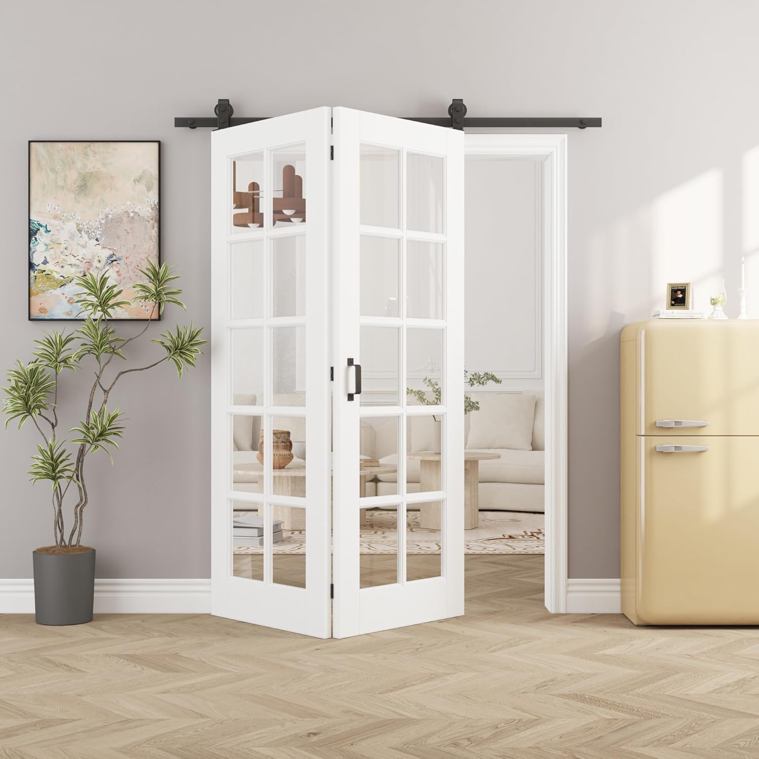 56" x 80" Pre-Assambled 10-Lites Clear Glass Bifold Barn Door with 64" Track Hardware Kit Included, MDF Panel Bi Fold Barn Doors, Sliding Closet Door with Excellent Sound Insolution, Easy to Install