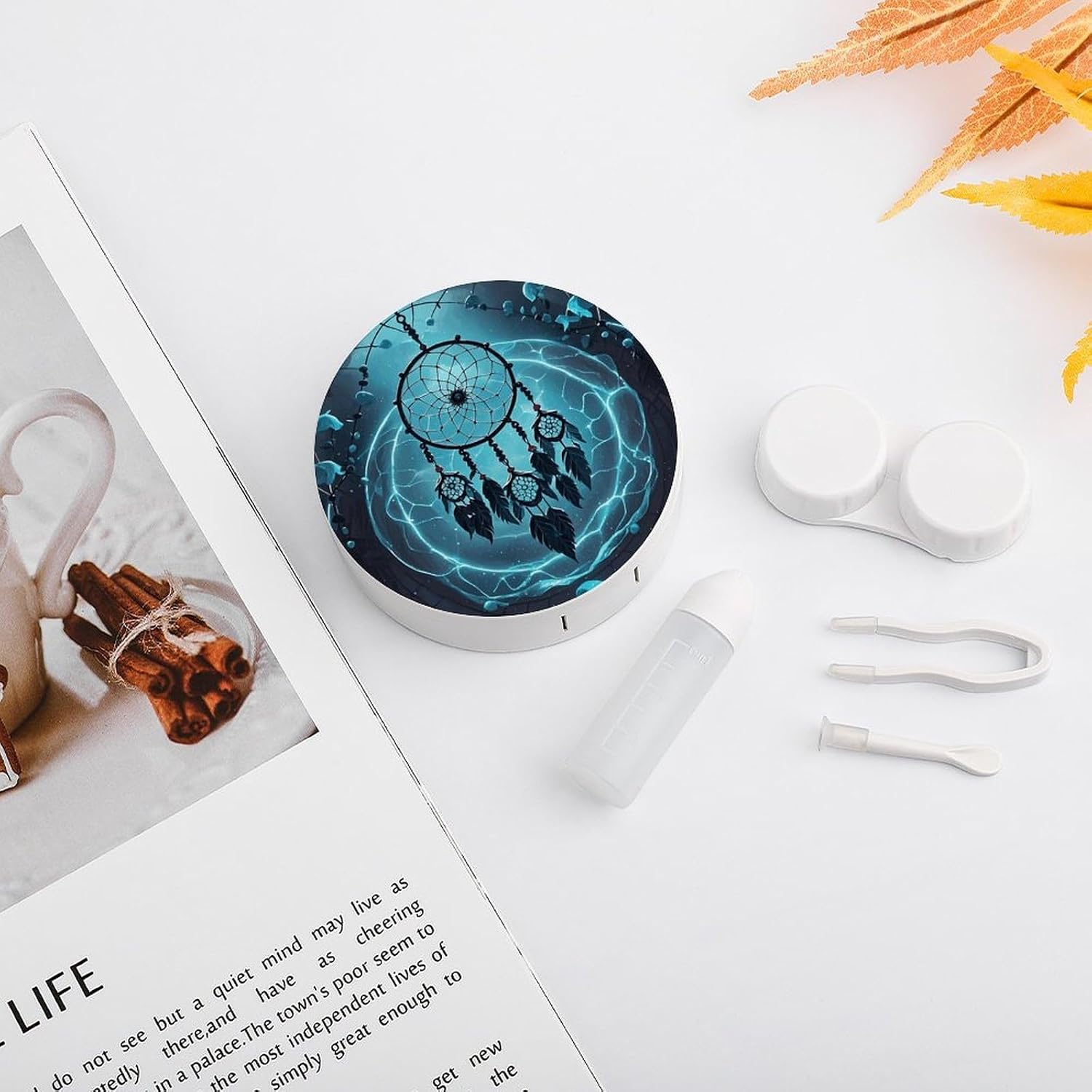 Dark Dream Catcher Contact Lens Case with Cleaner Washer Cute Contact Lens Soak Storage Holder Container with Mirror Mini Portable Contact Lens Box Set for Travel Outdoor Use