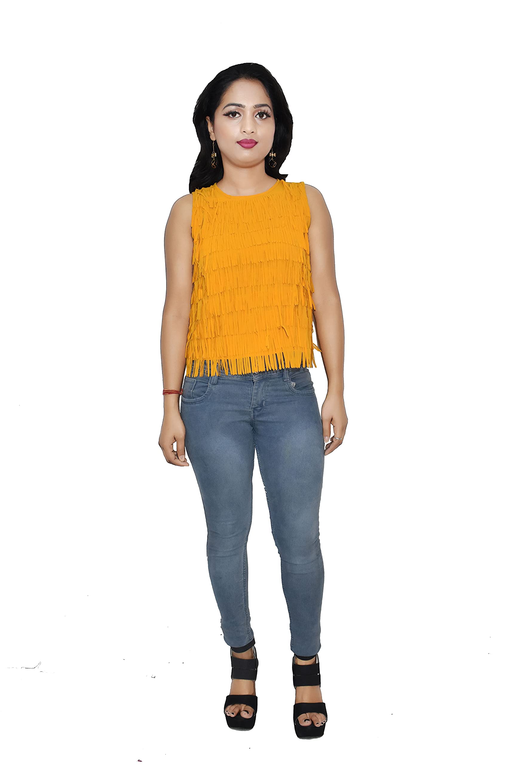 desi touch Women's Georgette Lasercut Top (Pack of 1) (Mustard) (M)-picture-34