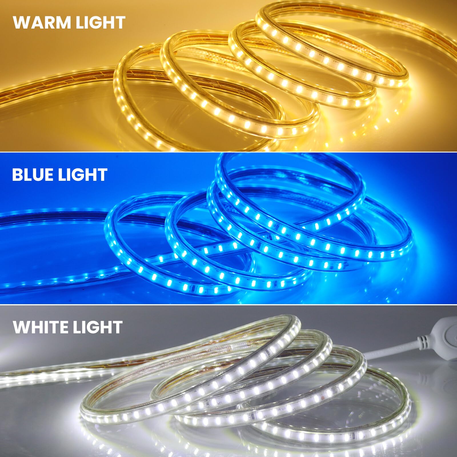 XUNATA 2m 220V Tiras LED, SMD 3014 120LEDs/m, IP67 Impermeable, Escalera de Techo Blancas Tira de LED Cocina Cable Luces LED Blanco calido