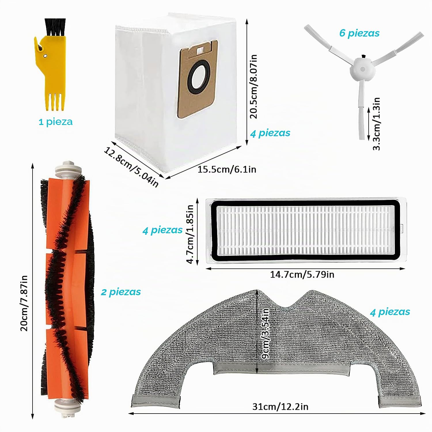 Juego de Accesorios de Repuesto para Aspiradora, Juego de Repuesto de Filtro de Cepillo Lateral de Cepillo Principal, Kit de Accesorios para Aspiradora Dreame L10plus /Z10pro /D10PLUS (plásticos)