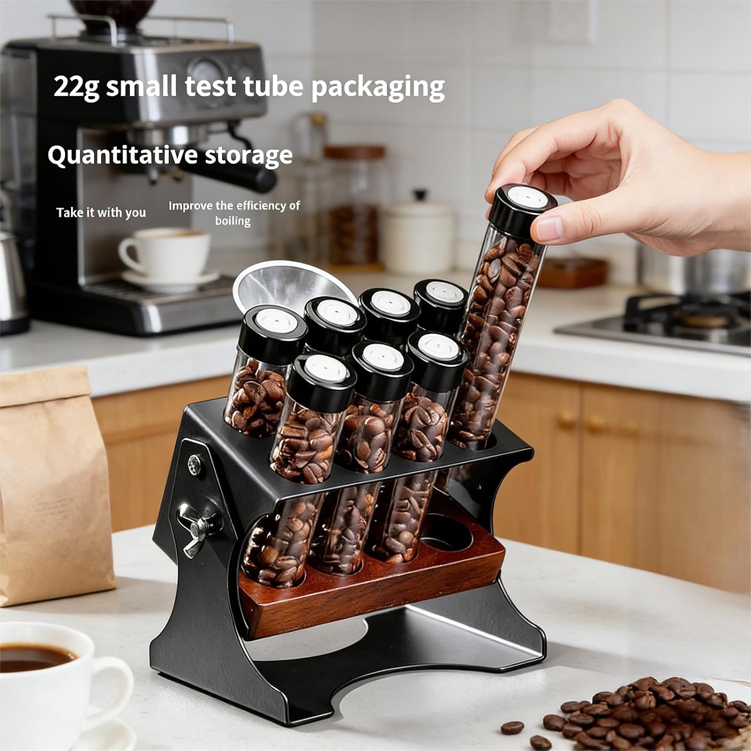 8/12 Tube Coffee Bean Storage Rack, 22g Single Dose Glass Tubes with One-Way Exhaust Valve, Adjustable Angle Coffee Bean Display Stand with Funnel, Solid Wood & Carbon Steel Coffee Bar Organizer