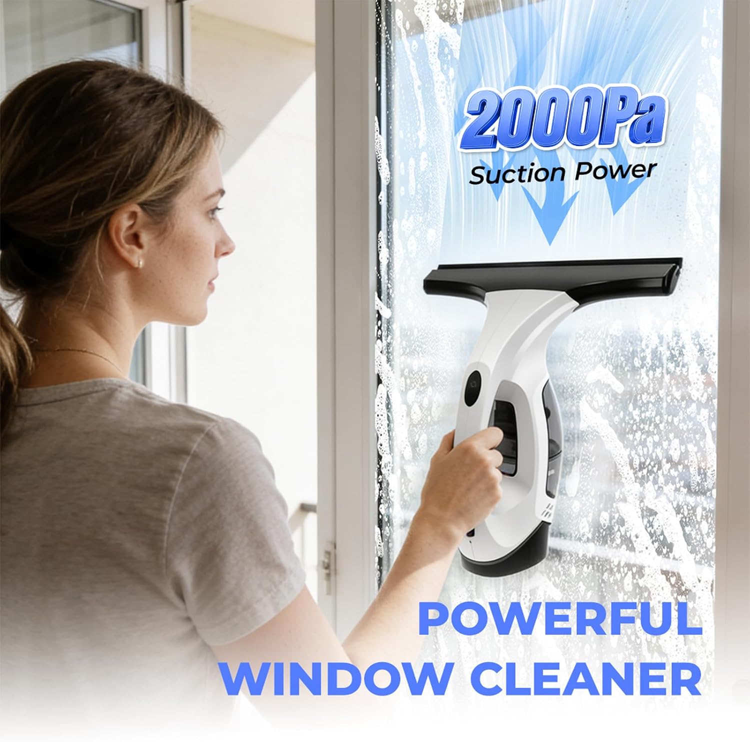 Window Vacuum Squeegee Cordless, Electric Window Cleaner Squeegee with 2000Pa Suction, 280mm Wide Blade, 150ml Tank for Shower Glass, Mirrors, Tiles & Car Windows