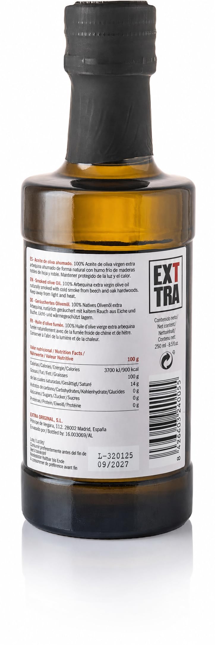 EXTTRA | Naturalnie wędzona oliwa z oliwek z pierwszego tłoczenia, hiszpański AOVE wędzony na zimno z dębem i bukiem, Gourmet olej do wykończenia mięsa, ryb i warzyw, 250 ml