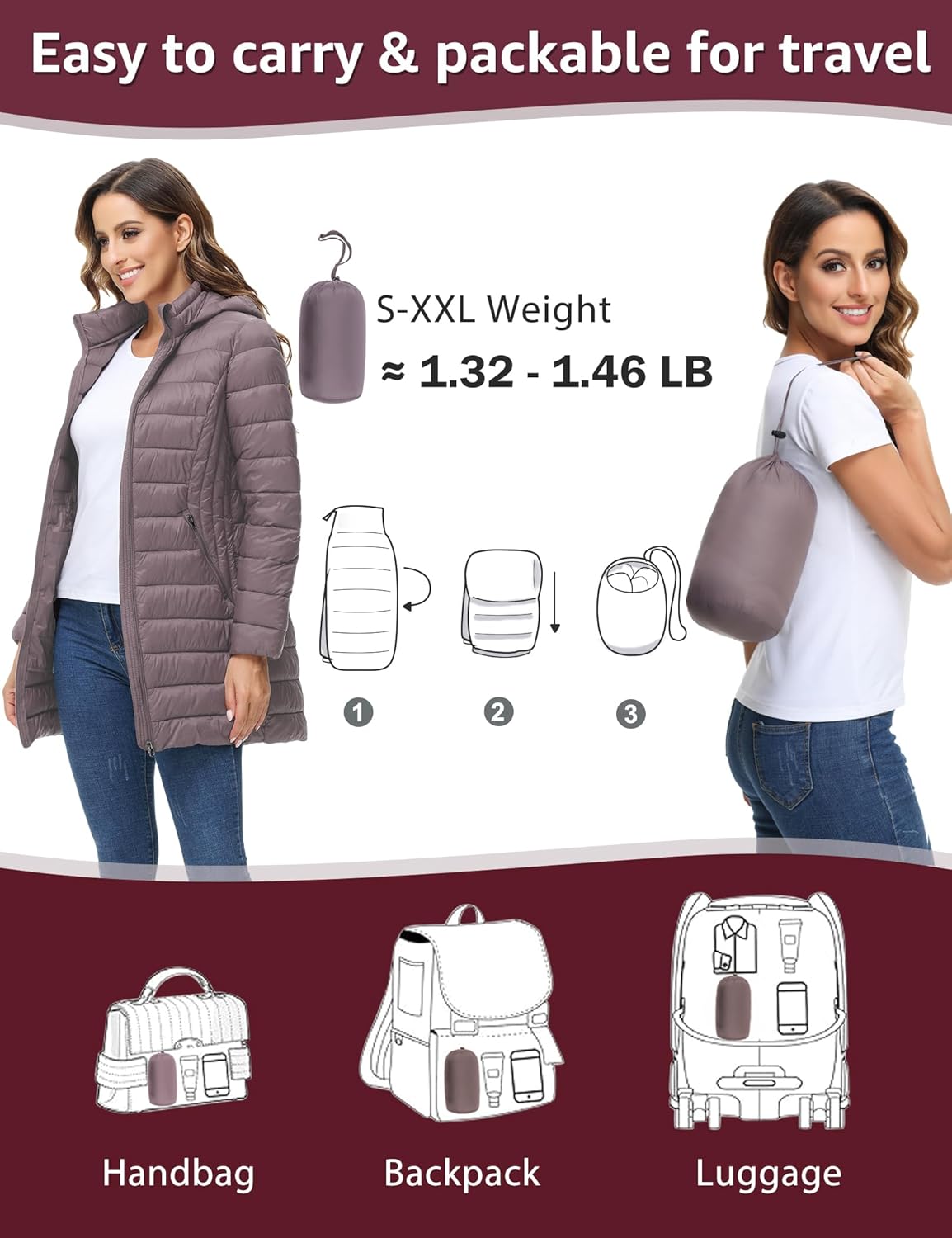 ROYAL MATRIX Women's Packable Puffer Jacket Lightweight Puffer Coat with Hood Long Winter Warm Travel Puffer Jackets - Image 6