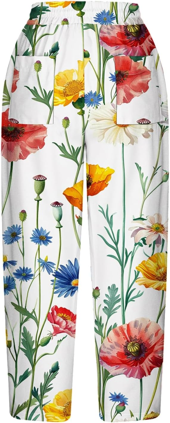 Capri Pants for Women Plus Size Casual Pant Graphic Drawstring High Waist Straight Summer Crop Trouser with Pockets