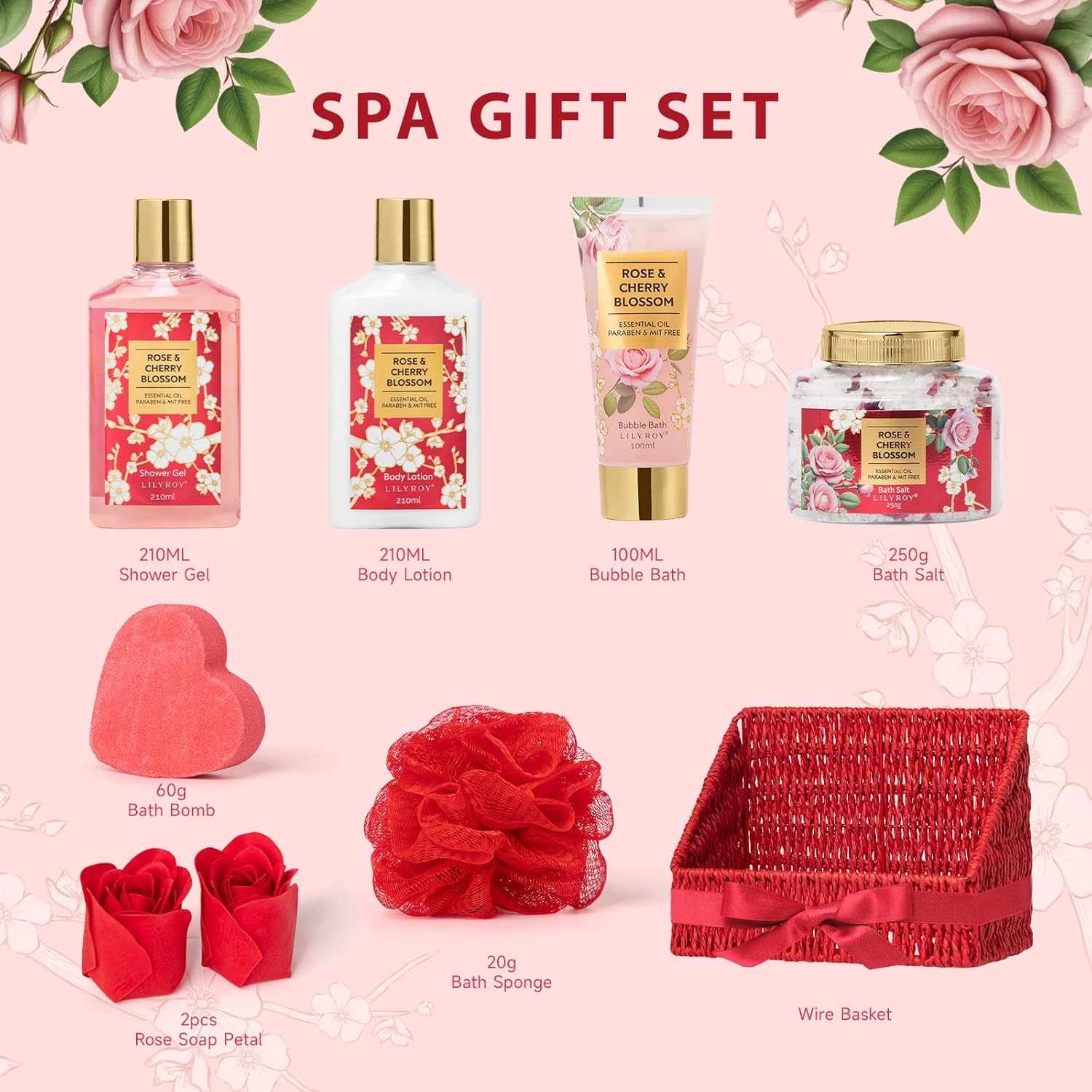 Valentines Day Gifts for Women, Bath and Body Gift Basket Set for Mothers Day - 9 Pcs Luxury Rose Spa Gift Baskets Set for Women, Gift Set | Christmas Gifts, Birthday, Gift Sets for Mom All Occasion - Image 2