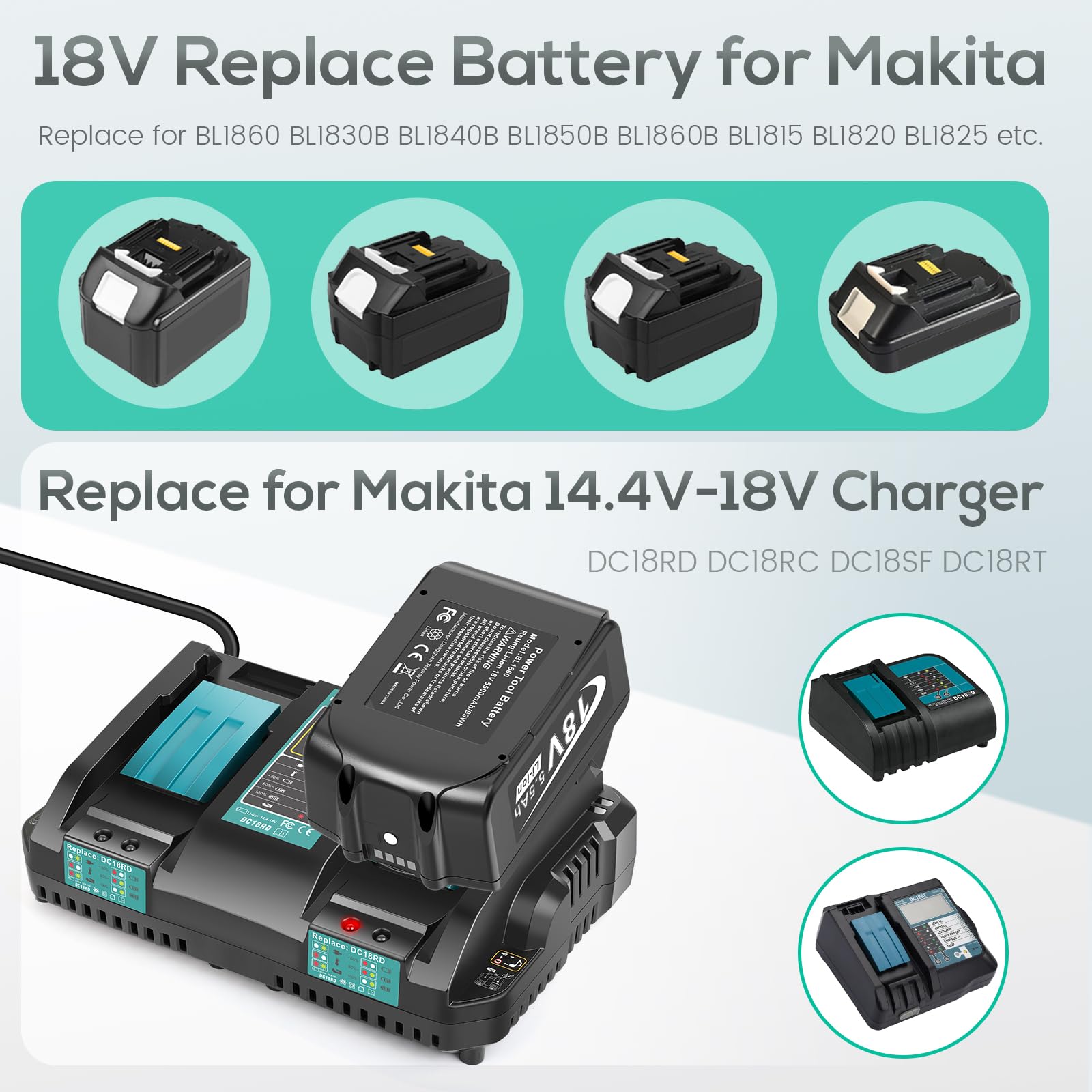 ASUNCELL Lot de 2 batteries 5,5 Ah et 2 ports de chargeur pour Makita LXT, compatibles avec toutes les batteries Makita 14,4 V-18 V Li-Ion BL1815, BL1830, BL1850, BL1430