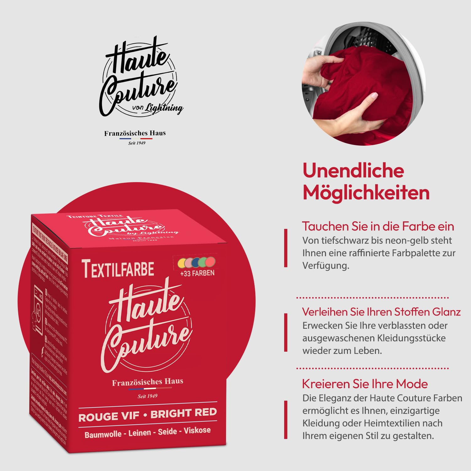 Haute Couture - Rot Textilfarbe - Knallrot - 350g - Alles-in-Einem - Gebrauchsfertig für Kleidung und Stoffe