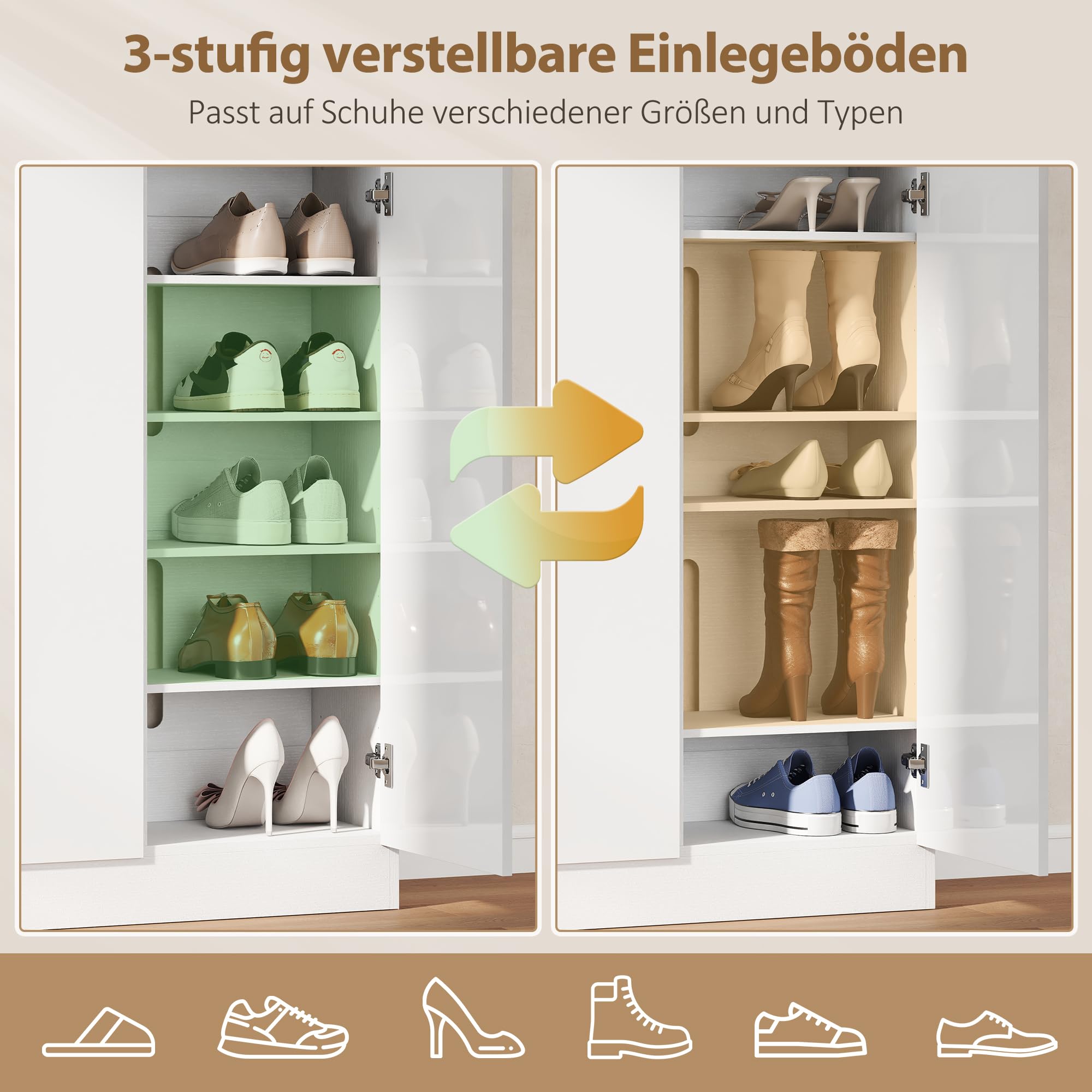 HOMCOM Schuhschrank Verstellbare Ablagen Hochglanztüren 106,4x34x108,5cm | Schuhregal, Belüftungslöchern, Schuhaufbewahrung mit Soft-Close-Funktion, Schuhkommode, für 25–30 Paar Weiß