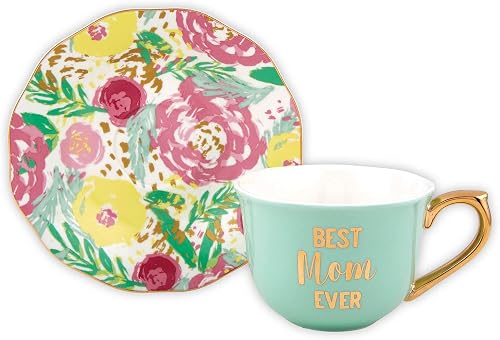 Best Mom Ever Mint Green Floral 5 ounce Porcelain Tea Cup and Saucer