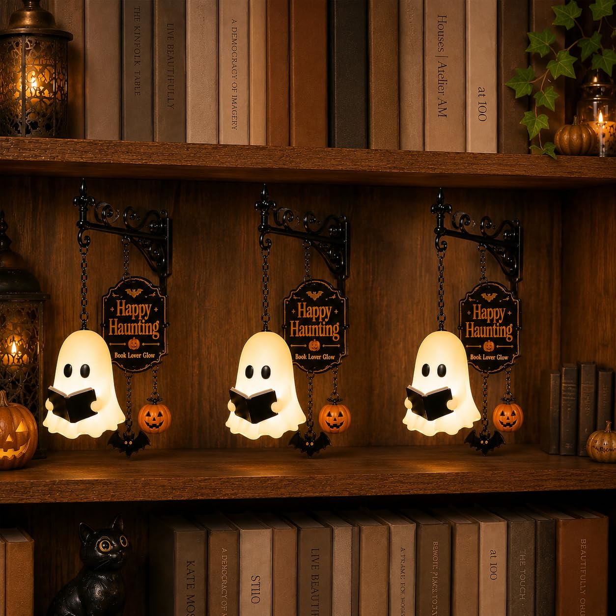 Ghost Bookshelf Lantern with Pumpkin & Bat, Decorative Bookshelf Lighting Halloween Decor Lamp Book Lover Gift，3pcs
