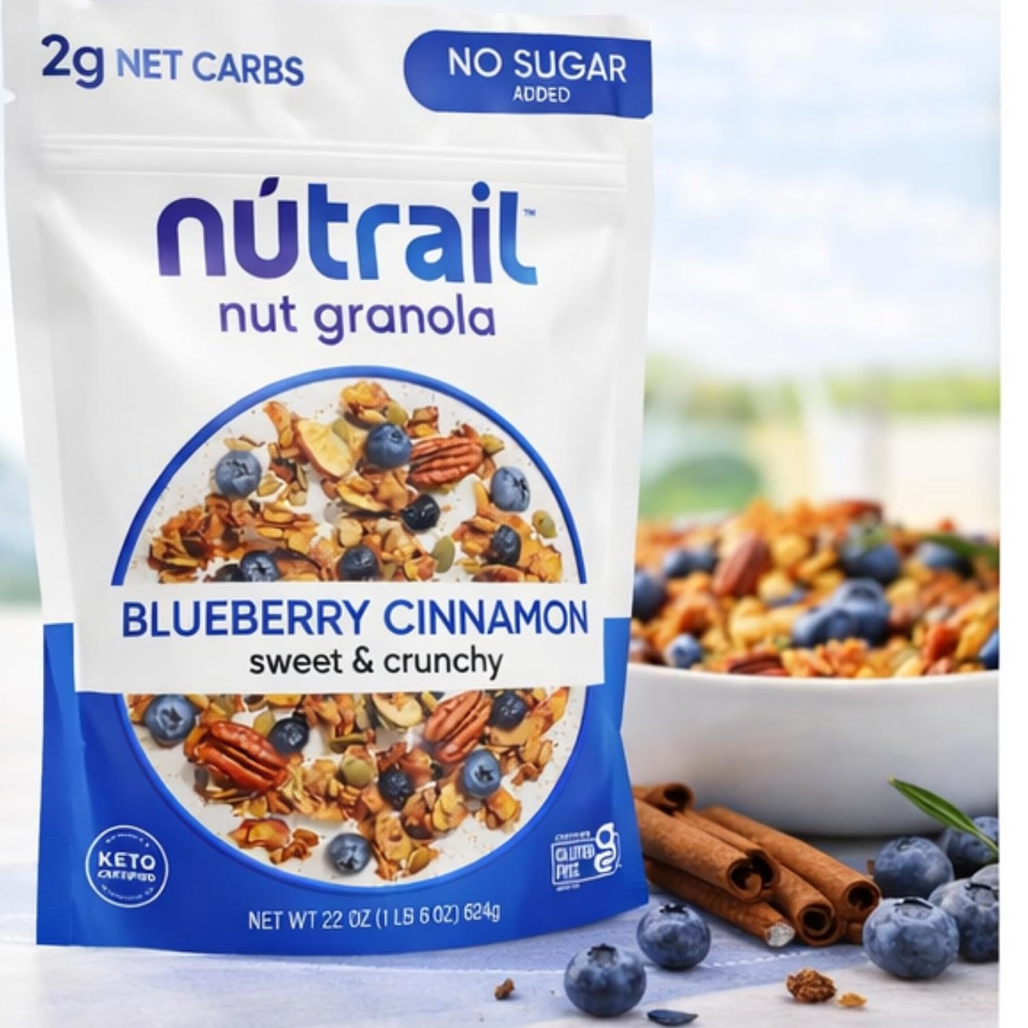 Nu-Trail Nut Granola, Blueberry Cinnamon, Low Carb Keto Friendly Granola, No Sugar Added, Gluten Free, High Protein Snack, 22 oz Bags (Pack of 2)