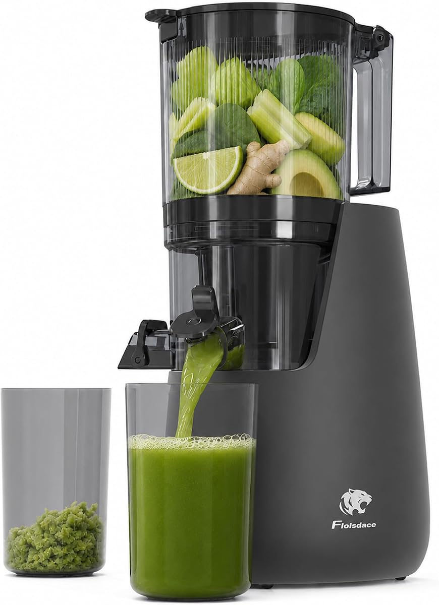 Exprimidor de prensa en frío, conducto de alimentación extra grande de 6 pulgadas, máquinas exprimidoras de masticación lenta, potente motor sin escobillas de CA, sistema autoprecortado, máquinas exprimidoras sin BPA, un colador extra de repuesto para exprimidor
