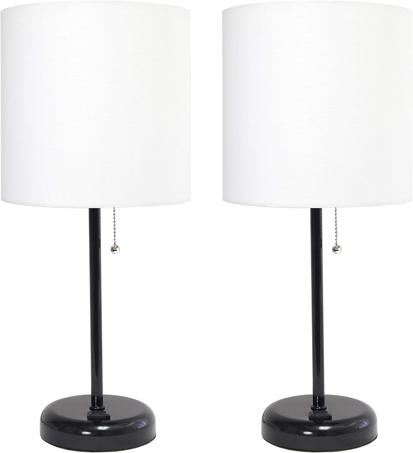 Limelights LC2001-BAW-2PK Black Stick Lamp with Charging Outlet and White Fabric Shade 2 Pack Table Desk Lamp Set Black / White