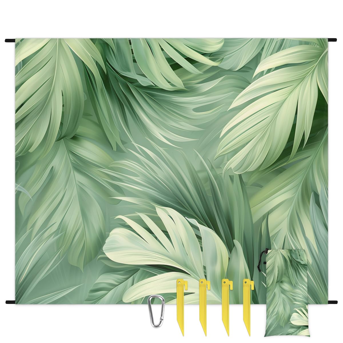 Eabrults Waterproof Sandproof Beach Blanket, 59''×68'' Coconut Leaves Polyester Outdoor Picnic Blanket with 4 Stakes & Storage Bag for Beach,Camping,Vacation Winter Green