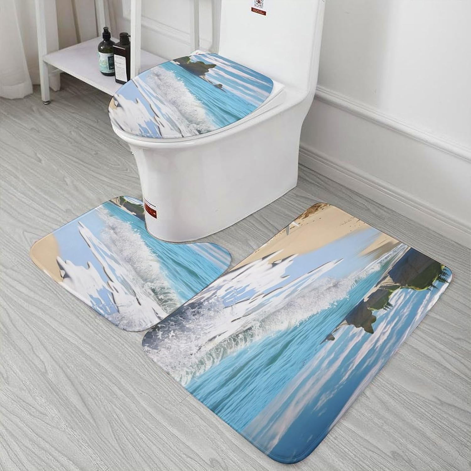 Anti-Skid Floor Mats 3 Piece Set,Ocean Beach Printed Coral Fleece Bathroom Mats U-Shaped Contour Mat Toilet Seat Cover for Bathroom, Tub, Shower, Kitchen 19.7"x31.5"
