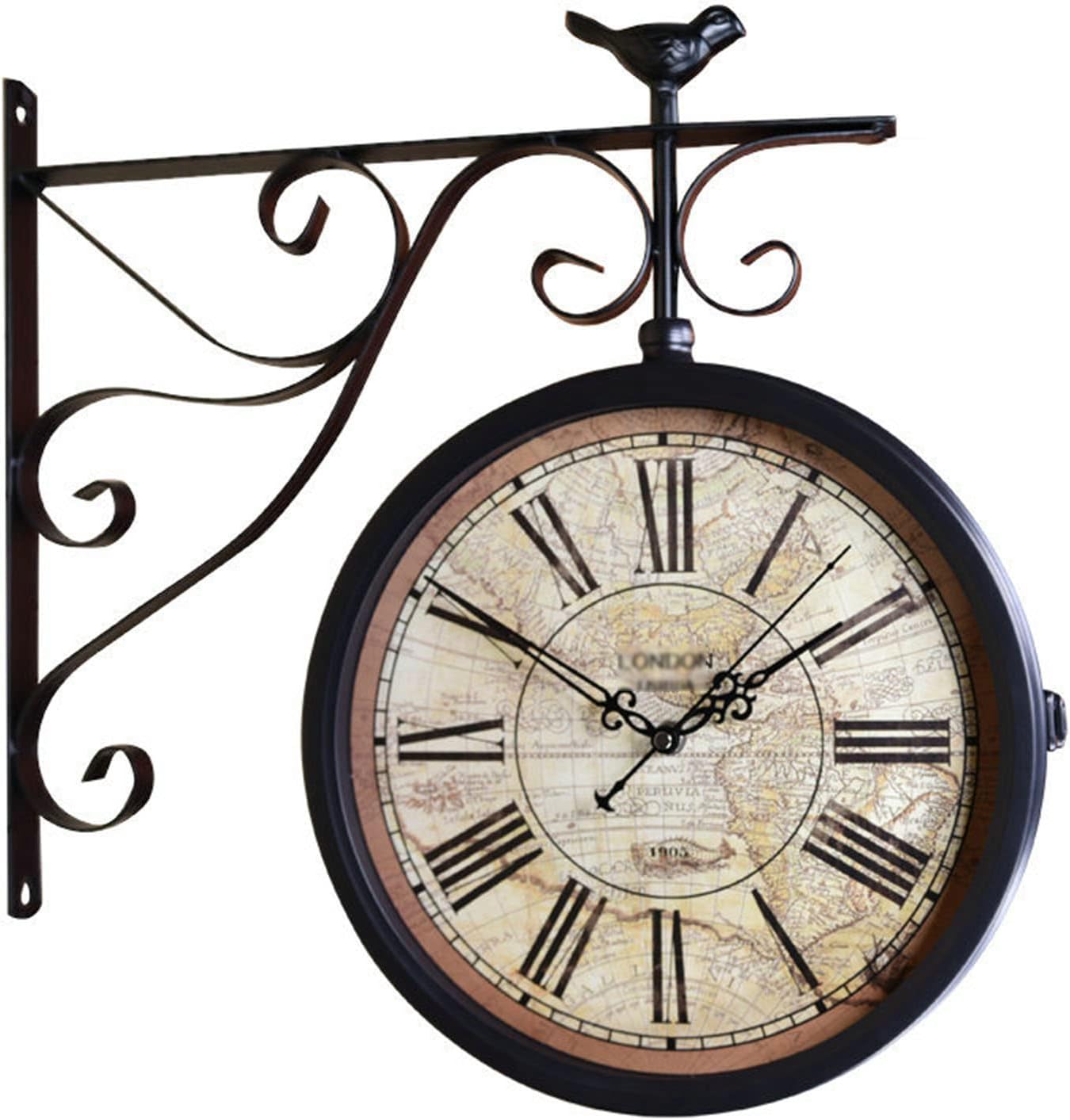 Vintage Double Sided Wall Clock Railway Station Clock European Style Vintage Waterproof Clock Metal Bracket 360 ° Rotation Clock for Outdoor Indoor Garden Home Decoration (D)