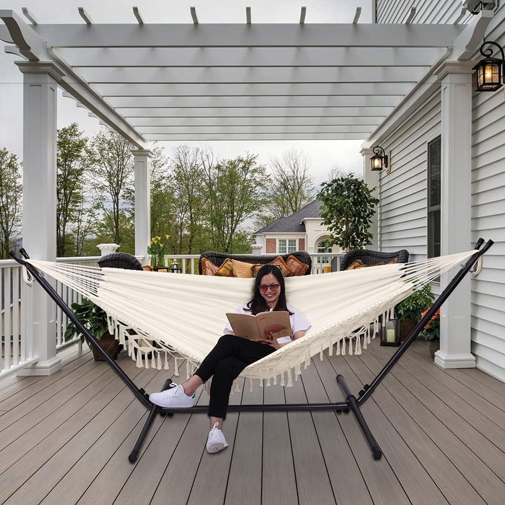 ONCLOUD Boho Large Brazilian Fringed Macramé Double Deluxe Hammock Swing Bed with Carry Bag for Patio, Porch, Bedroom, Yard, Beach, Indoor, Outdoor & Wedding Party Decor, Beige