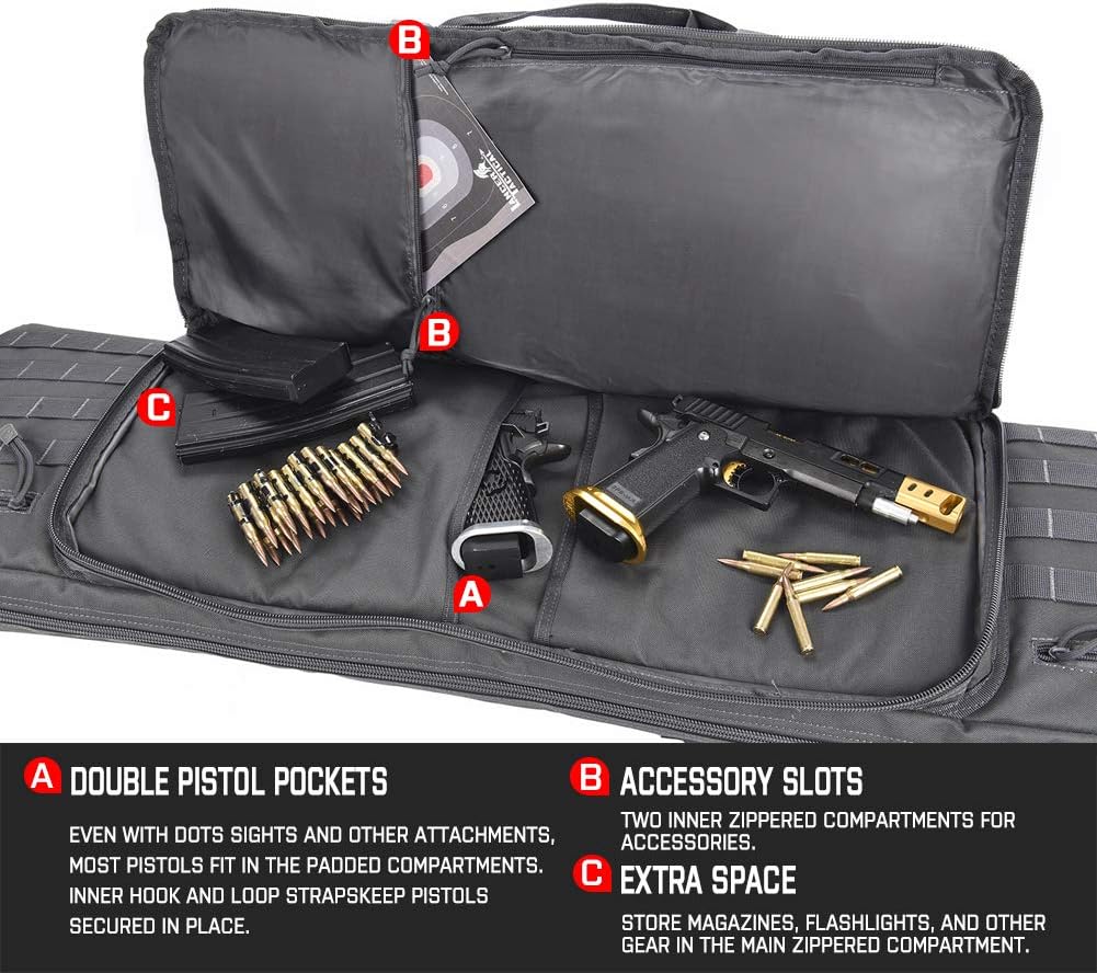 Lancer Tactical 600 Denier Polyester Double Carbine Soft Case Accessory Pouches MOLLE Webbing Secondary Gun Compartment Quick Detach Buckles Inner Storage Backpack Straps