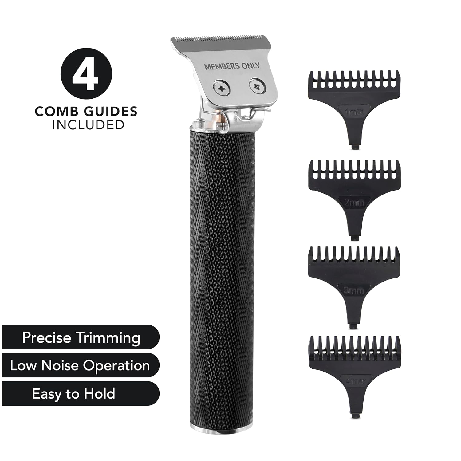 Members Only Hair Trimmer for Men, Lithium T-Blade Hair & Beard, High-Performance Stainless-Steel Blades, Close Trim Design, Type-C Rechargeable Battery, 4 Length Guards, Cleaning Brush