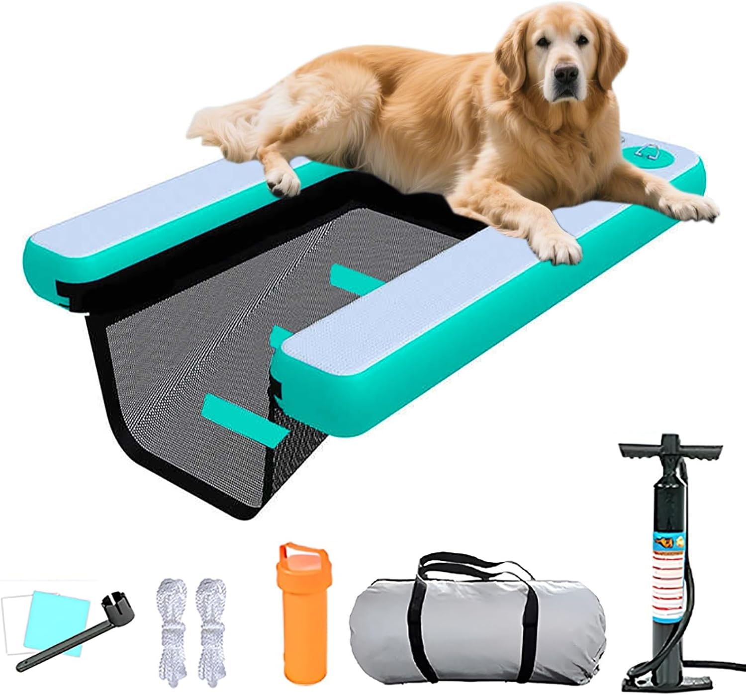 ERRULAN Inflatable Dog Pool Water Ramp, Non-Slip Reusable Dog Boat Ramps for Small/Medium/Large Dogs, Puncture-Resistant Dogs Dock Floating Platform for Pool, Lake, Dock & Seat(Cyan)