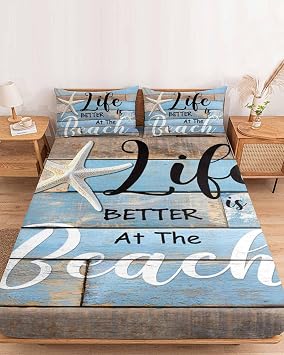 Summer Bedding Queen Size Fitted Sheets Fit 5"-16" Deep Pocket Mattress,Starfish Beach Better Life Soft Bottom Sheet Farm Vintage Wood Board Fitted Sheet Bed Set with Pillow Case