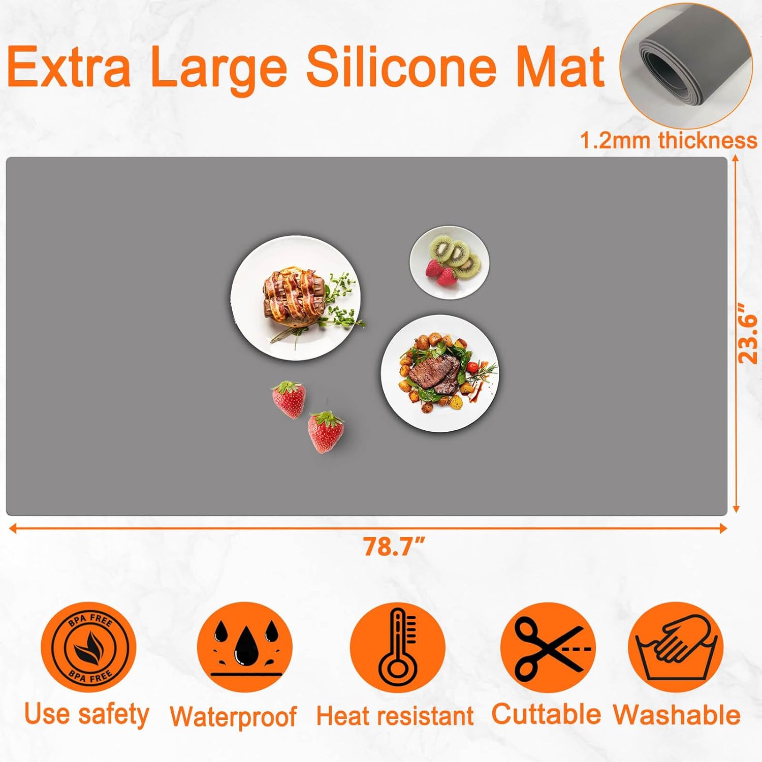 120" x24''(305cmx60cm) Extra Large Silicone Mat for Kitchen Counter, Heat Resistant Countertop Protector, Non-Slip Waterproof Kitchen Island Mat, Easy to Clean, Dark Gray