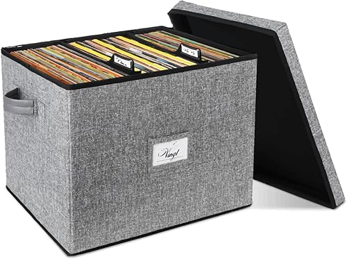 Miniatura 1 de Caja de almacenamiento de discos de vinilo para más de 100 discos individuales, organizador LP Rrecord con tapa y divisores ajustables, caja móvil
