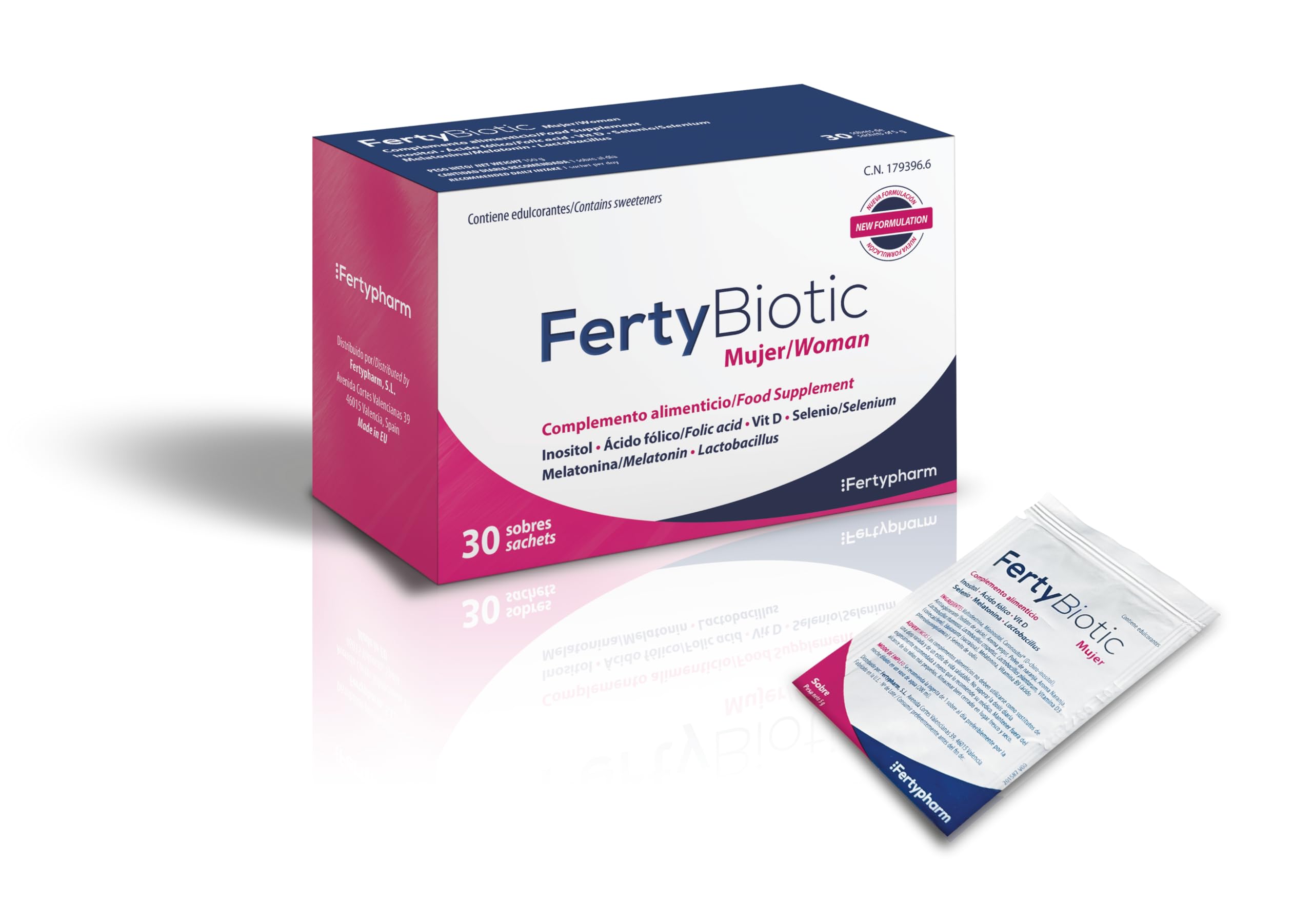 FERTYBIOTIC MUJER | Complemento alimenticio | Inositoles, Ácido Fólico (Quatrefolic®), Vitamina D, Selenio, Melatonia y Probióticos | 30 Sobres