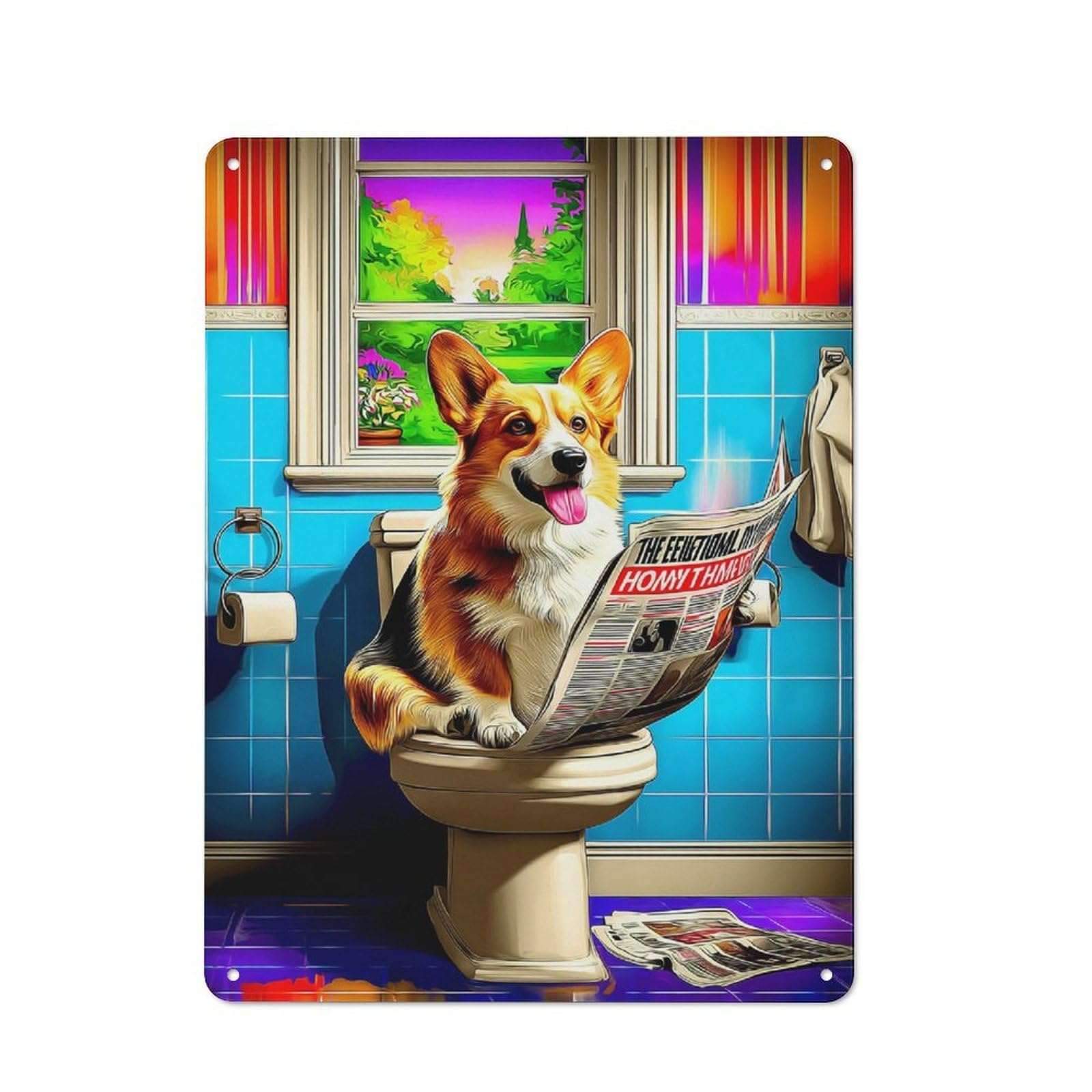 Simple Retro Corgi Reading Newspaper on Toilet Metal Wall Plaque 40x30cm, Creative Space Decor for Office, Study, Studio Or Hallway