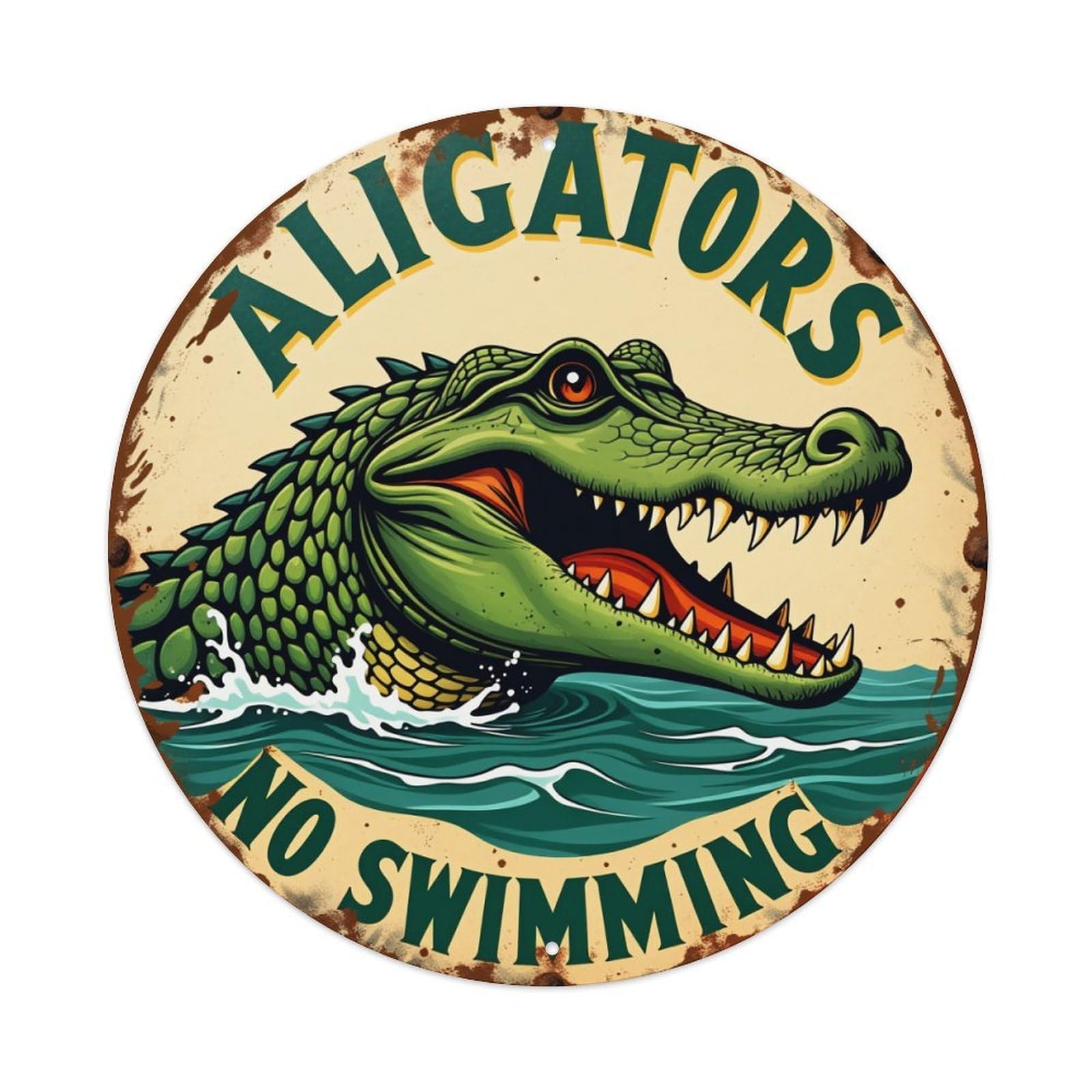 Aligator Head Water Warning Sign Round Tin Sign Vintage Metal Poster, Home Bar Garage Man Cave Cafe Indoor & Outdoor Wall Decoration 8x8Inches