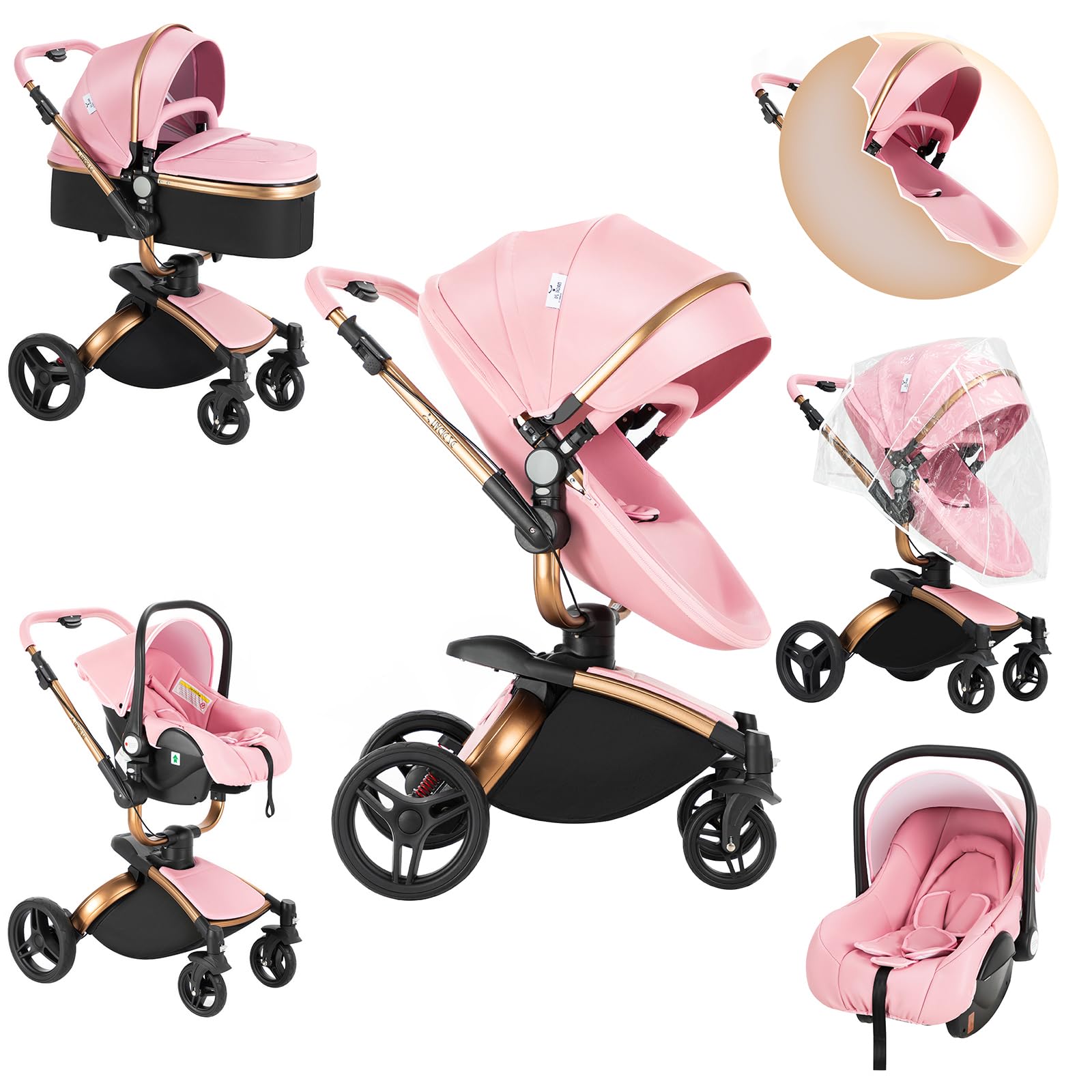 Sianldcone Pelle PU Passeggino 3 in 1 Trio Neonati, 360° Sedile Girevole Carrozzina per Neonato, Visione Aperta Passegginos Trolley, Spinta Bidirezionale Passeggino Reversibile (906 Pink)